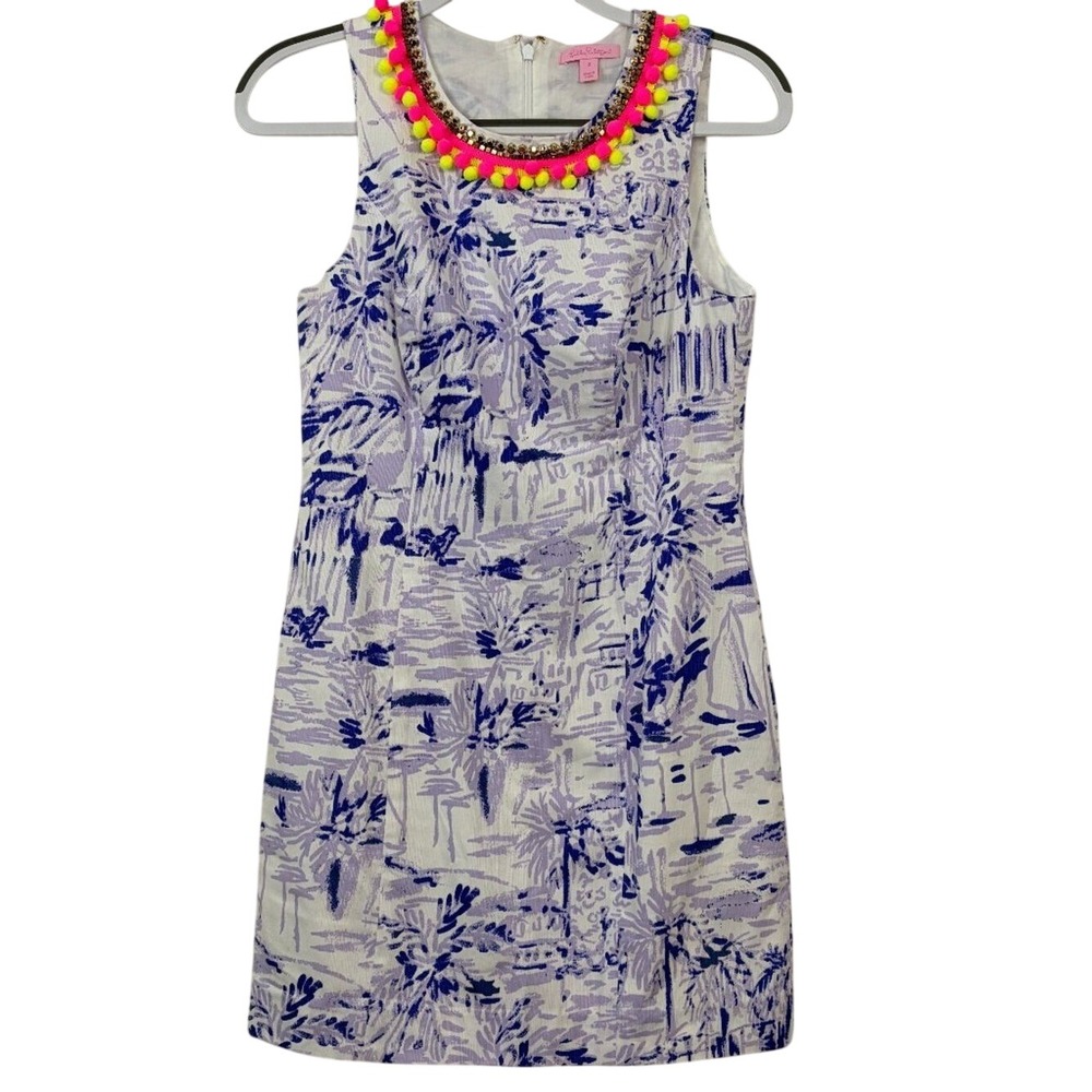 Lilly Pulitzer Shift Dress 2 Purple White Tropical Palm Print‎ Excellent